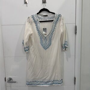 Embroidered White and Blue Swim Coverup